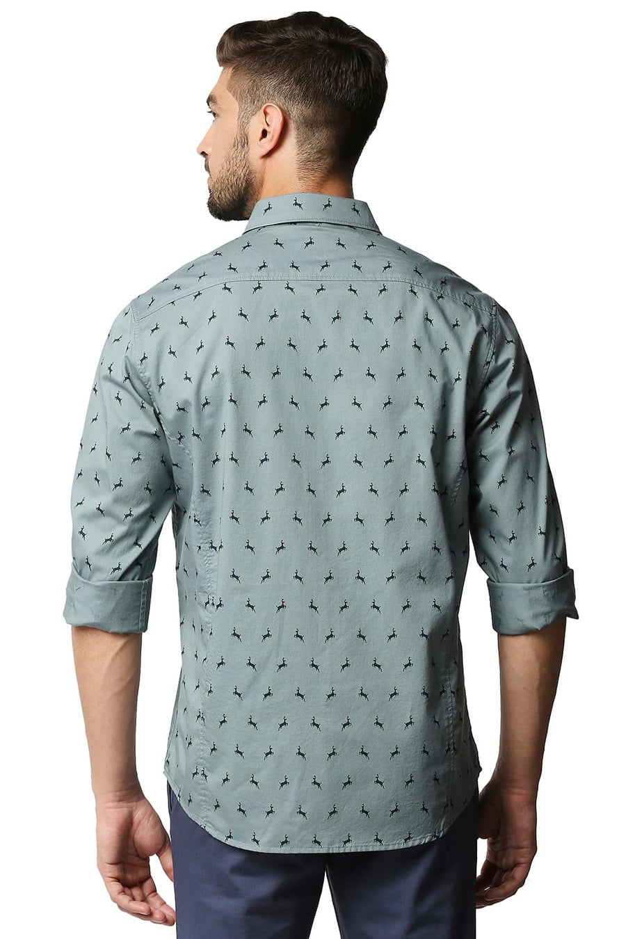 BASICS SLIM FIT TRELLIS GREY TWILL PRINTED SHIRT