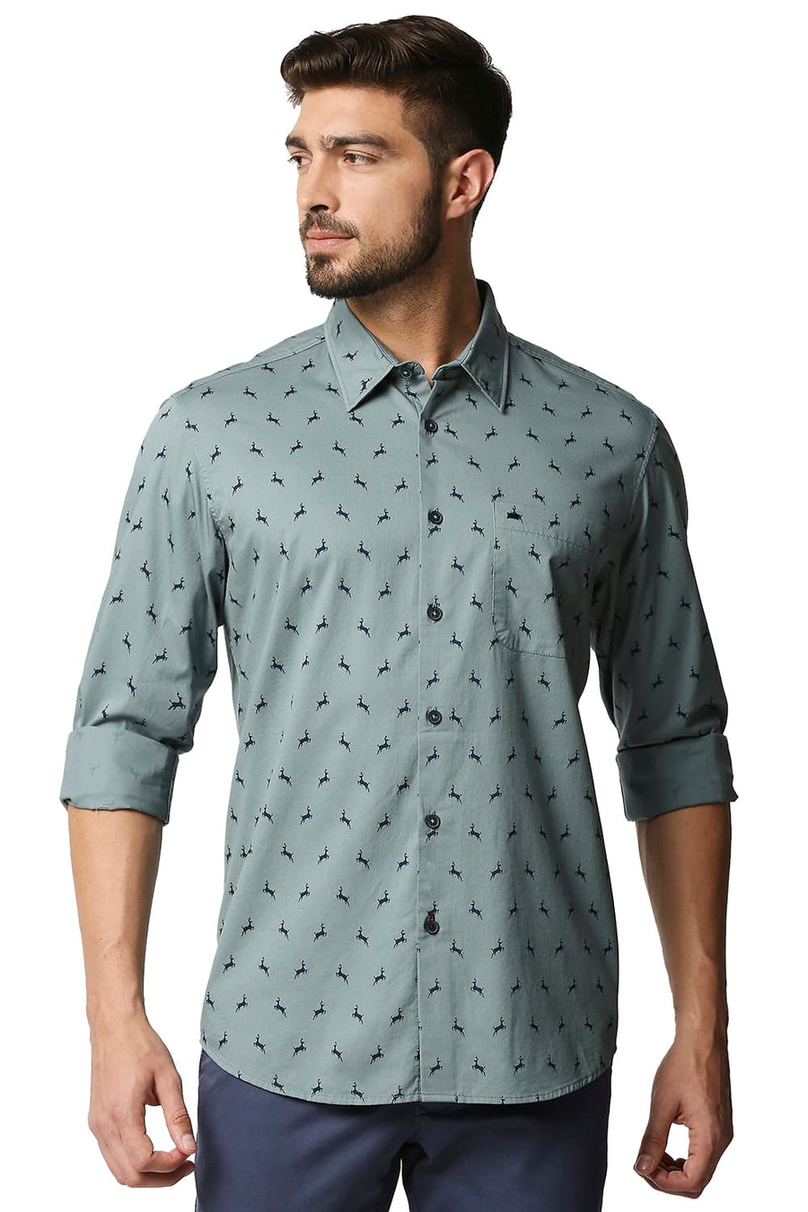 BASICS SLIM FIT TRELLIS GREY TWILL PRINTED SHIRT