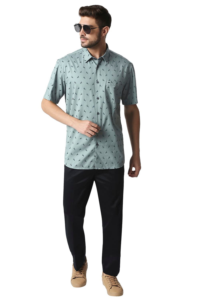 BASICS SLIM FIT TWILL PRINTED HALFSLEEVES SHIRT