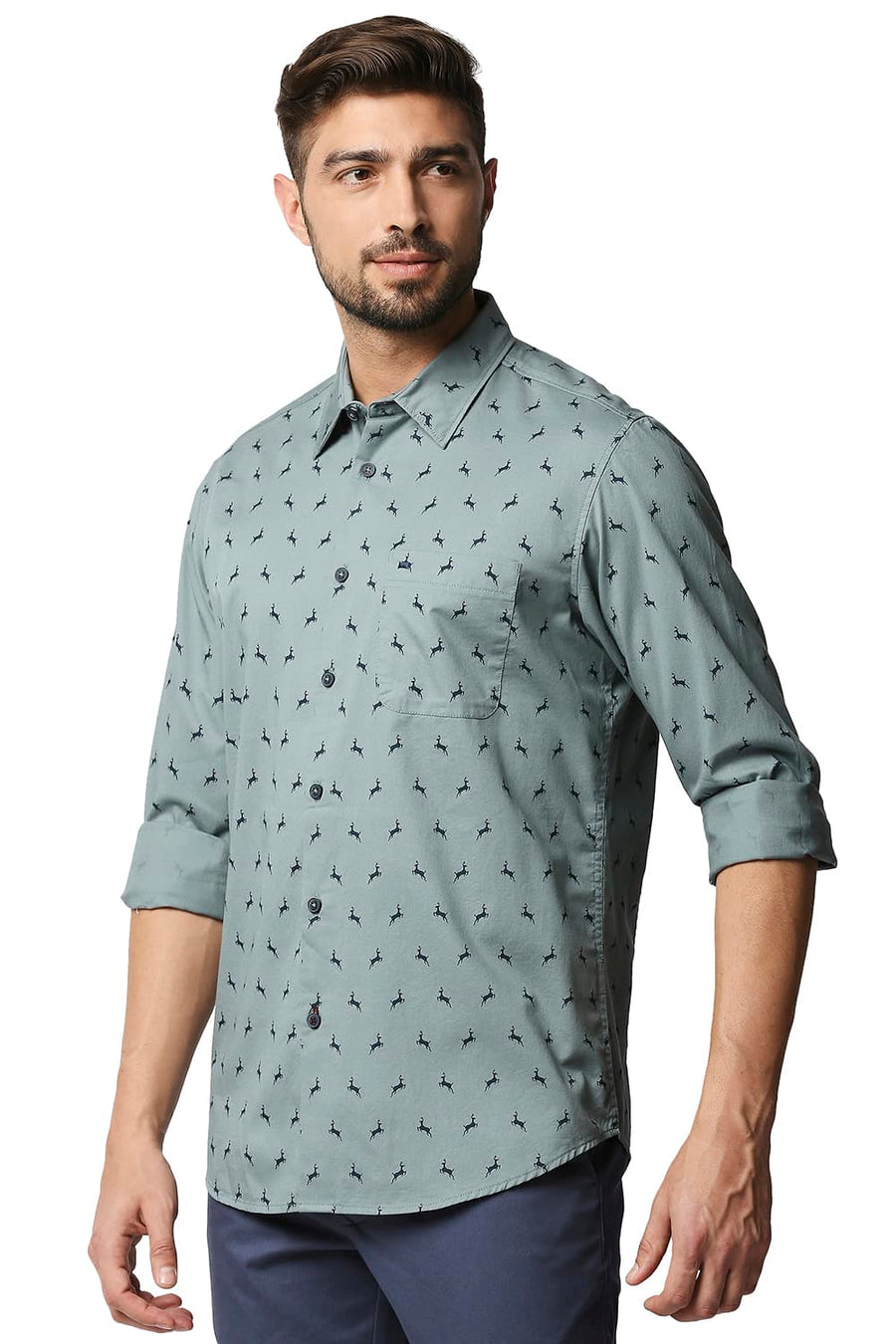 BASICS SLIM FIT TRELLIS GREY TWILL PRINTED SHIRT