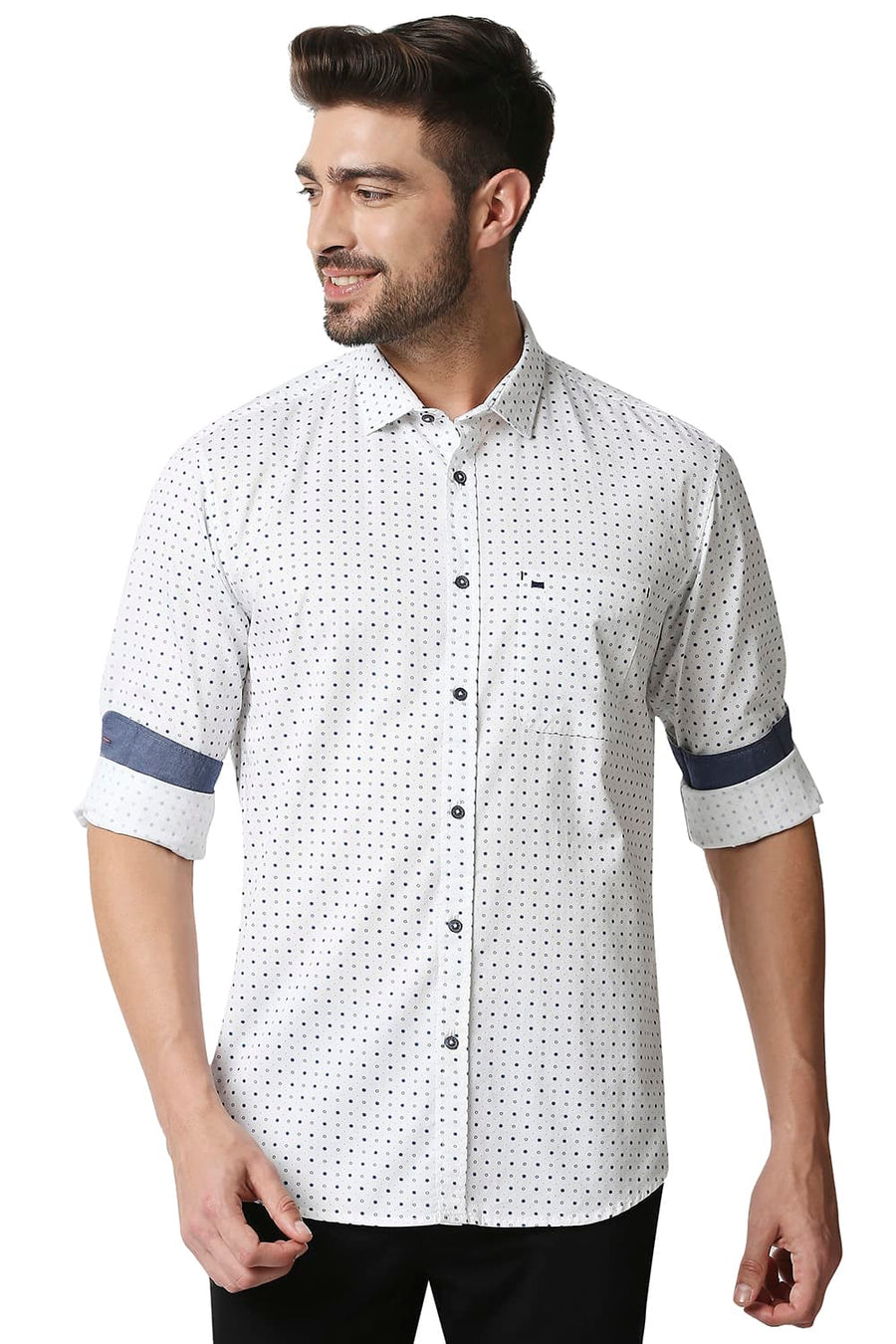 BASICS SLIM FIT SNOW WHITE TWILL PRINTED SHIRT