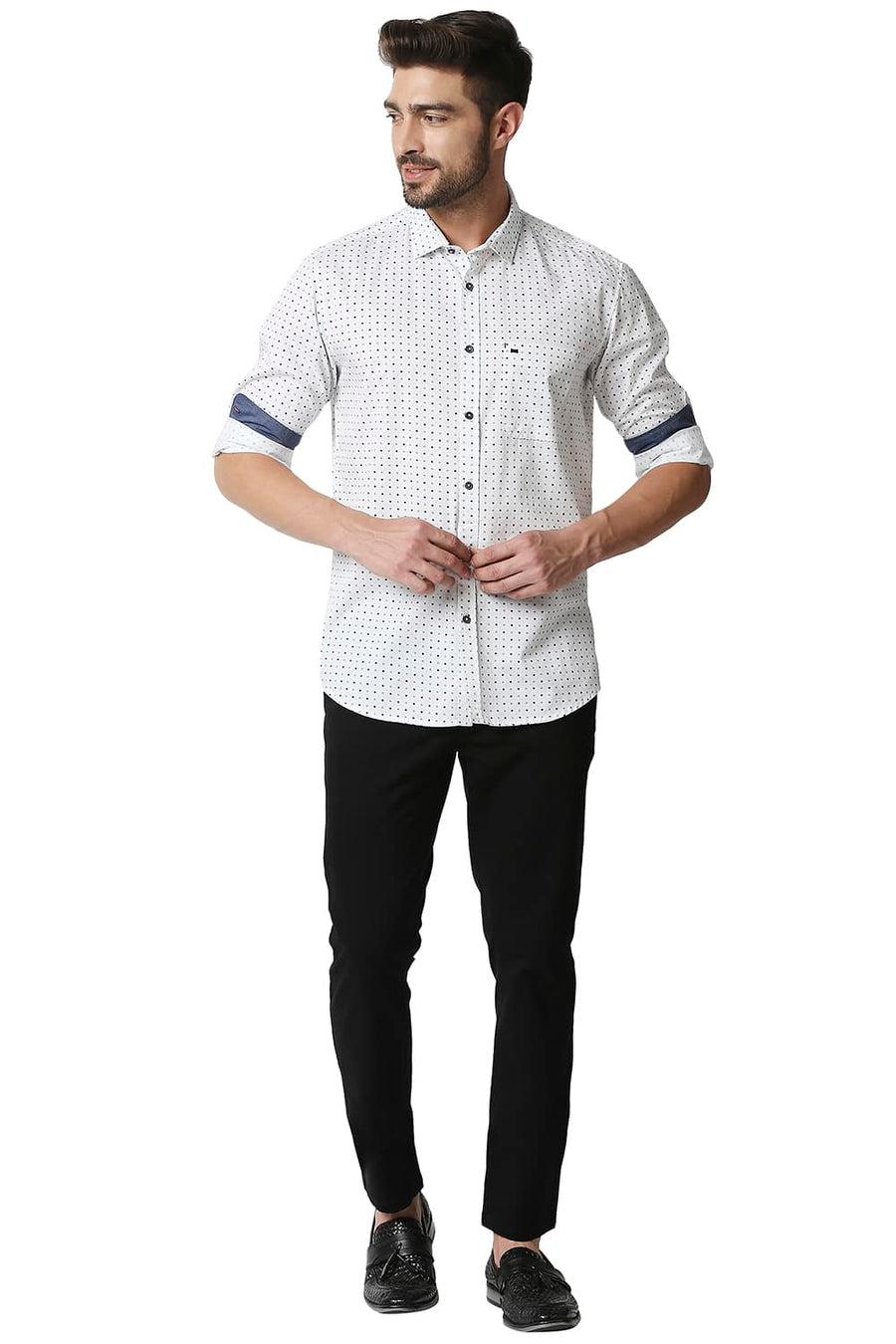 BASICS SLIM FIT SNOW WHITE TWILL PRINTED SHIRT
