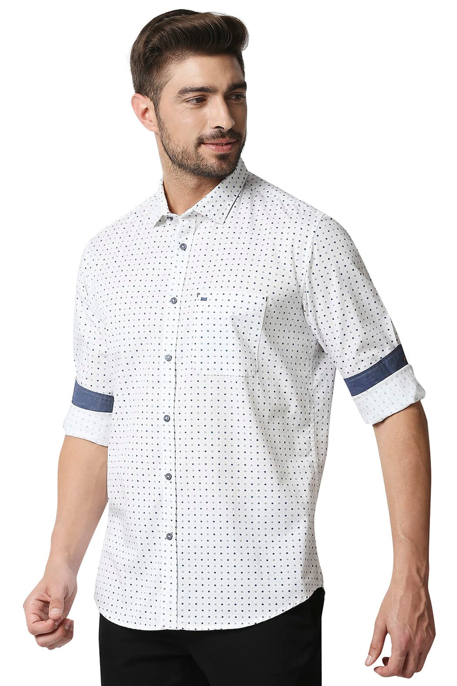 BASICS SLIM FIT SNOW WHITE TWILL PRINTED SHIRT