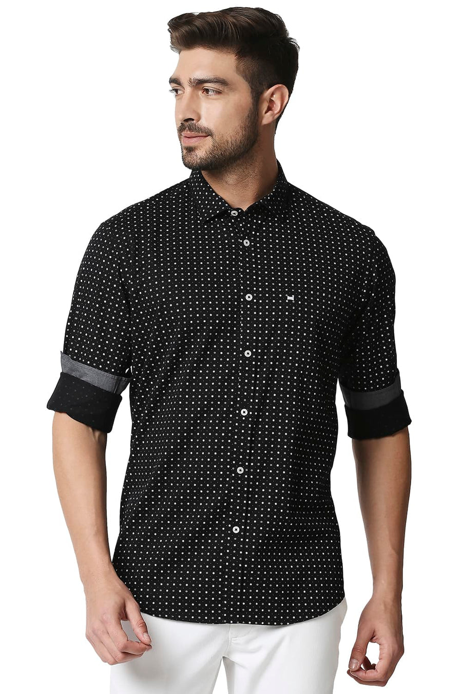 BASICS SLIM FIT MOONLIGHT BLACK TWILL PRINTED SHIRT
