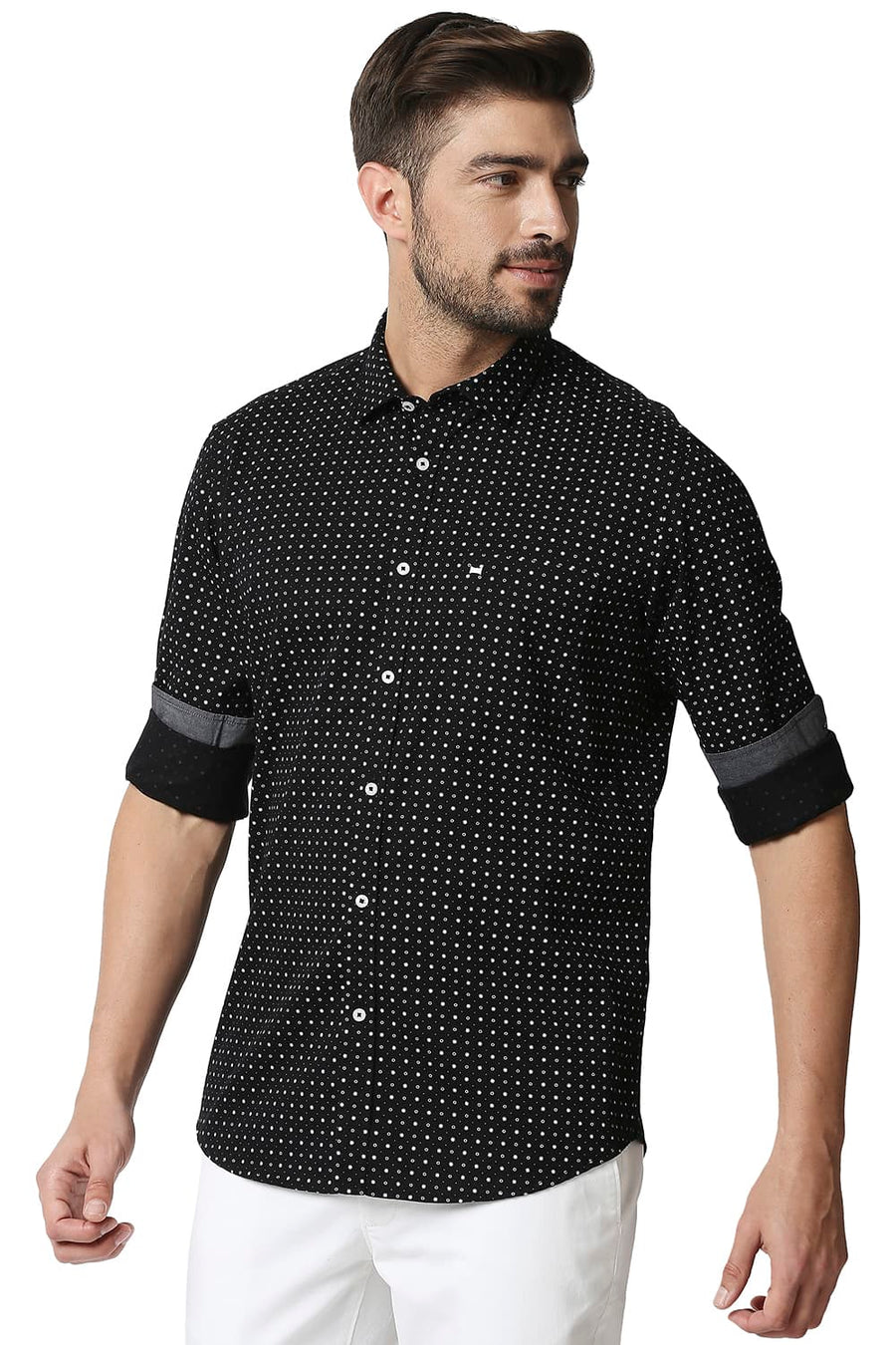 BASICS SLIM FIT MOONLIGHT BLACK TWILL PRINTED SHIRT