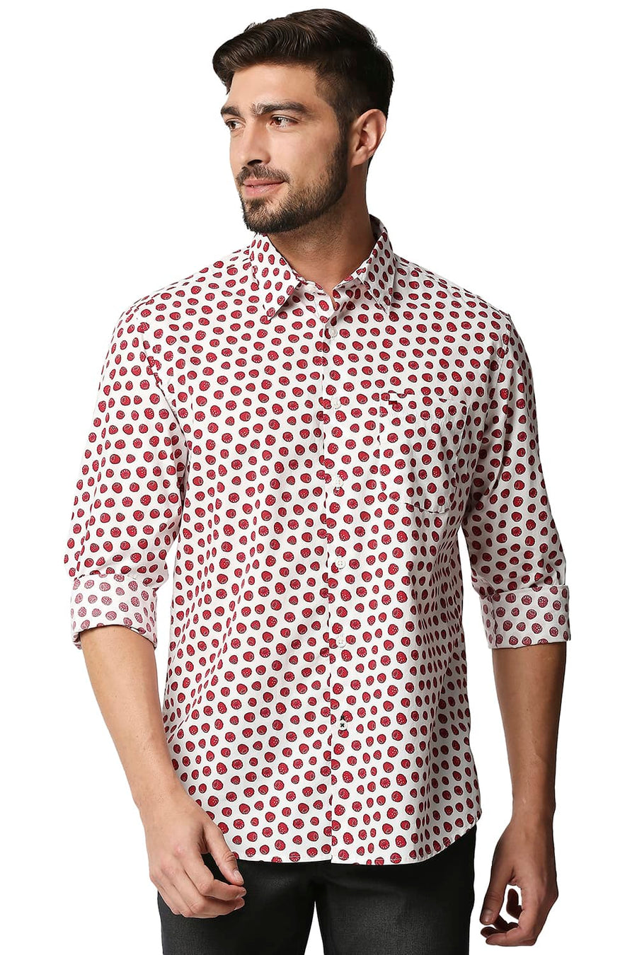 BASICS SLIM FIT TRUE RED DIGITAL POPLIN PRINTED SHIRT
