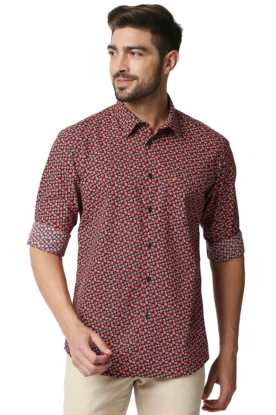 BASICS SLIM FIT MARS RED DIGITAL POPLIN PRINTED SHIRT