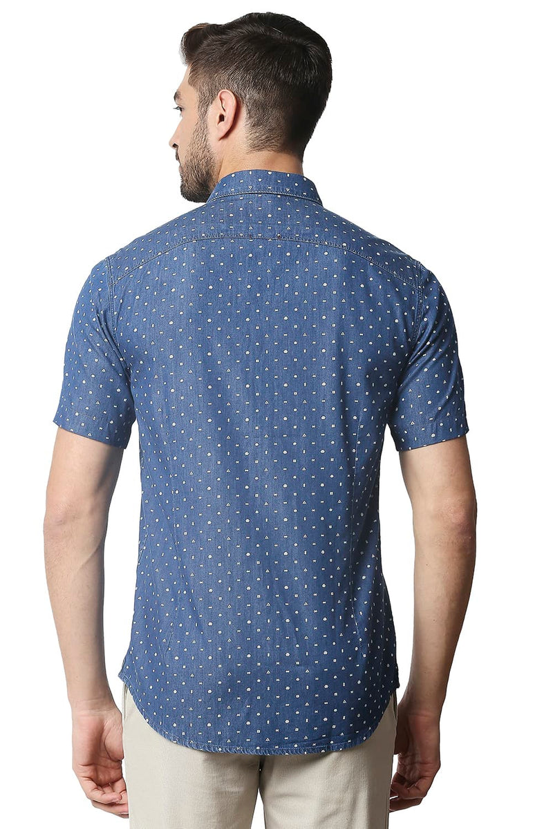 BASICS SLIM FIT INDIGO PRINTED HALFSLEEVES SHIRT