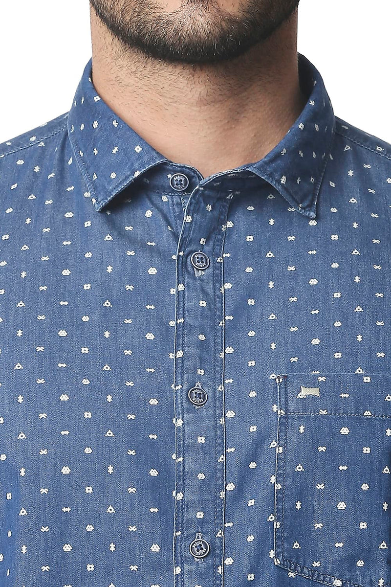 BASICS SLIM FIT INDIGO PRINTED HALFSLEEVES SHIRT