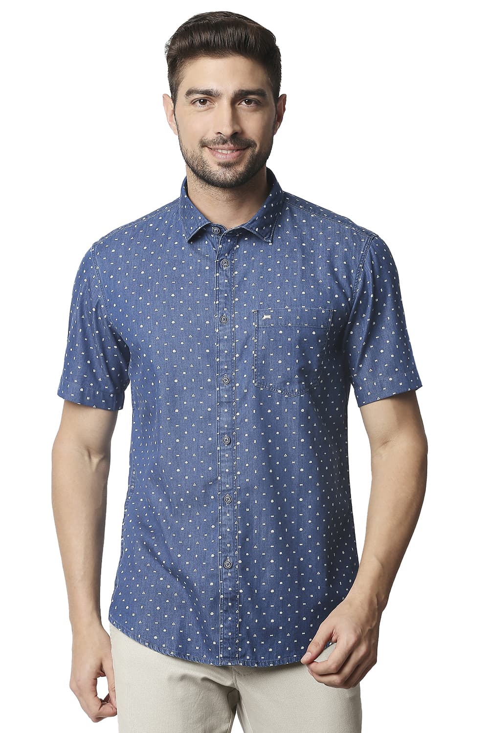 BASICS SLIM FIT INDIGO PRINTED SHIRT