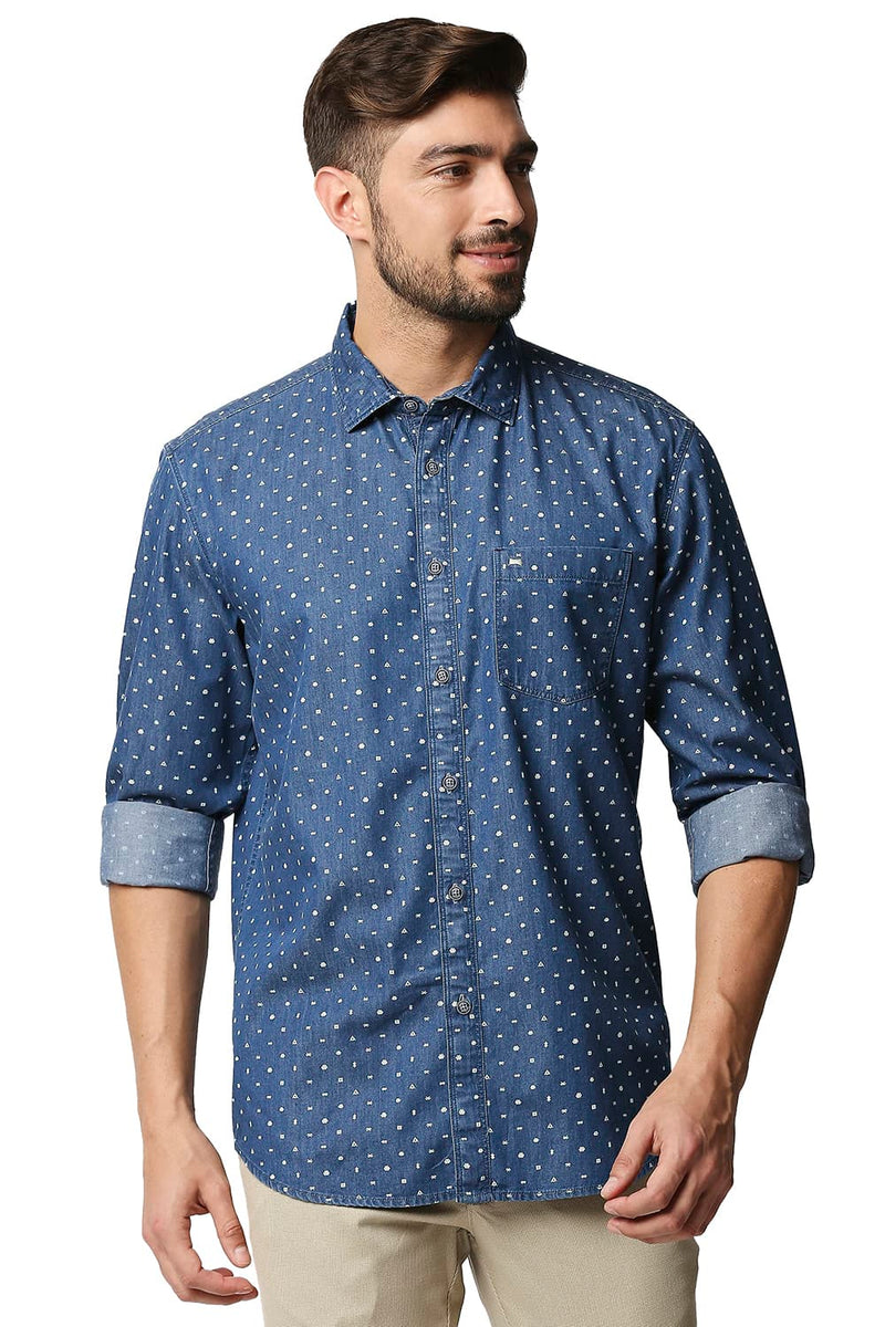 BASICS SLIM FIT INDIGO PRINTED SHIRT