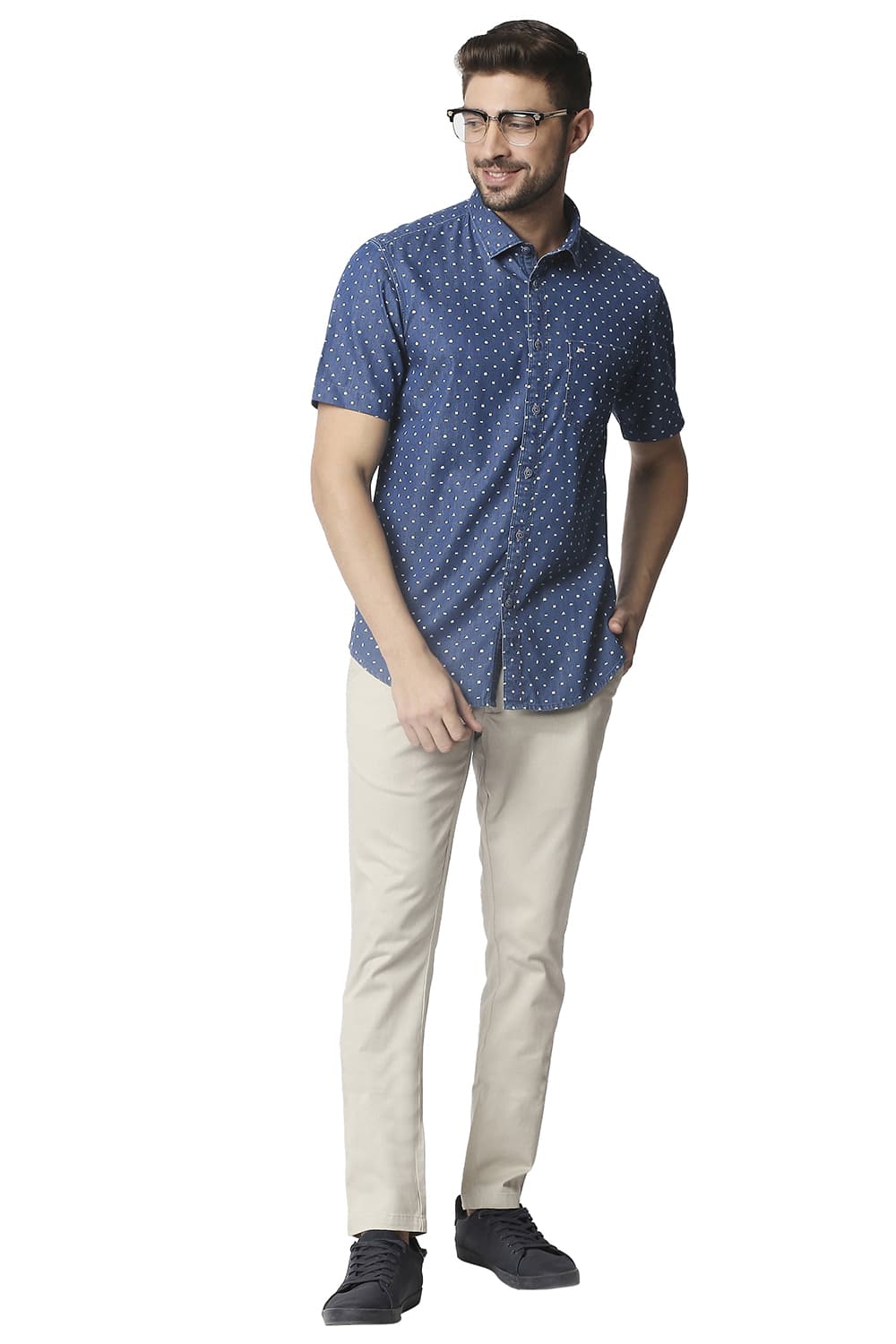 BASICS SLIM FIT INDIGO PRINTED HALFSLEEVES SHIRT