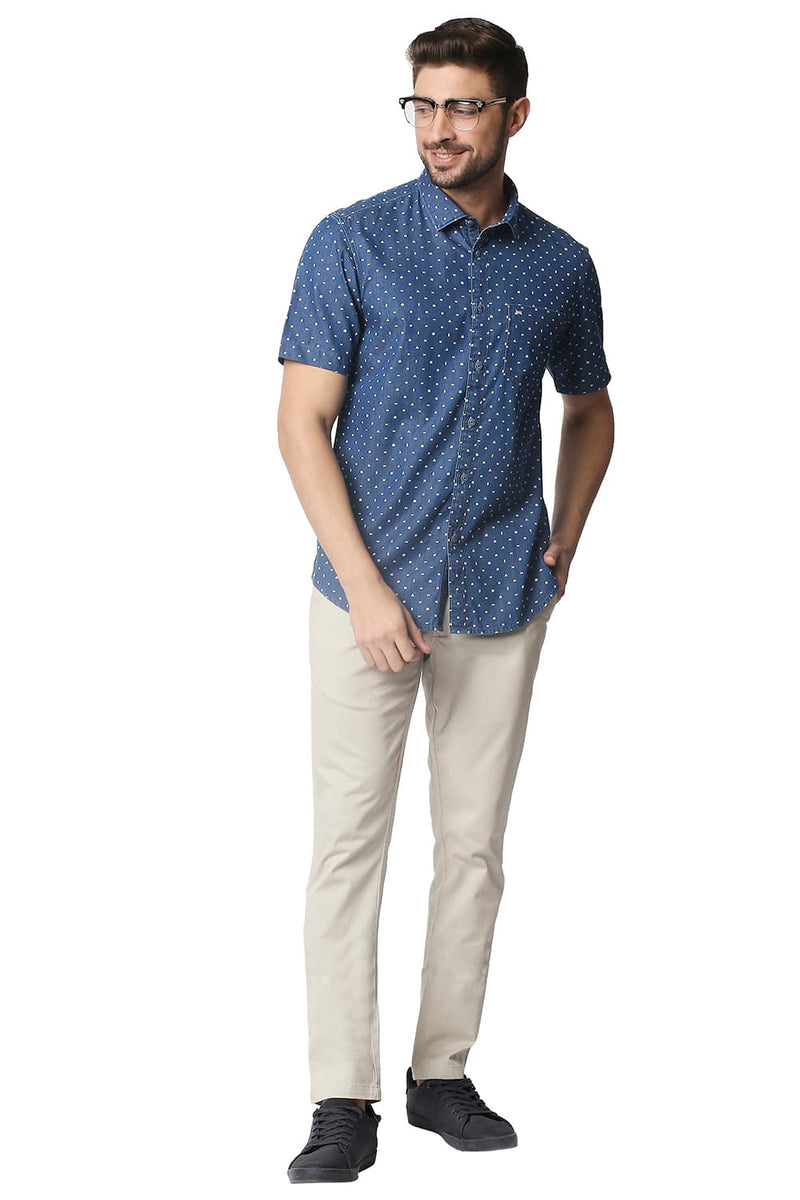 BASICS SLIM FIT INDIGO PRINTED HALFSLEEVES SHIRT