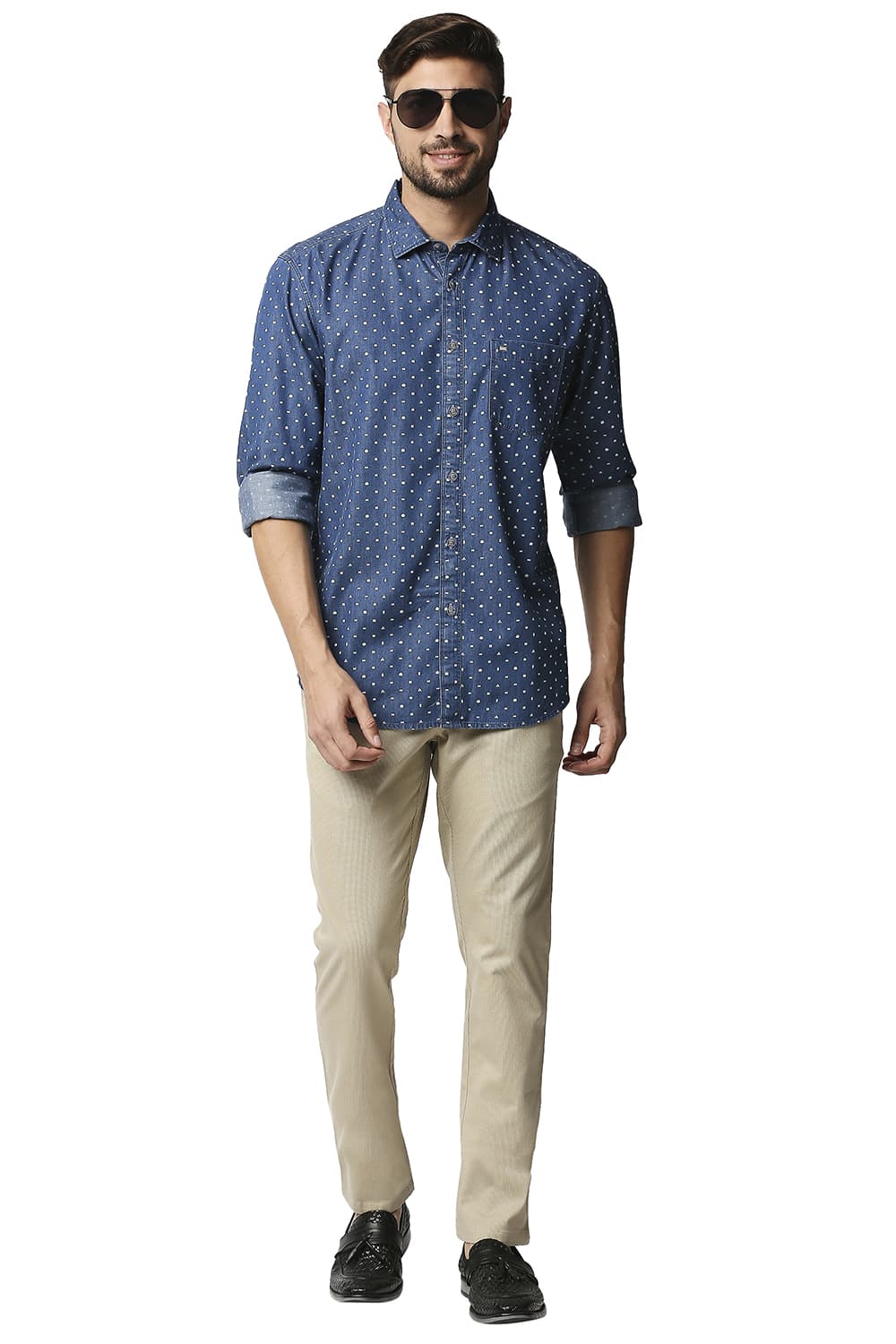 BASICS SLIM FIT INDIGO PRINTED SHIRT