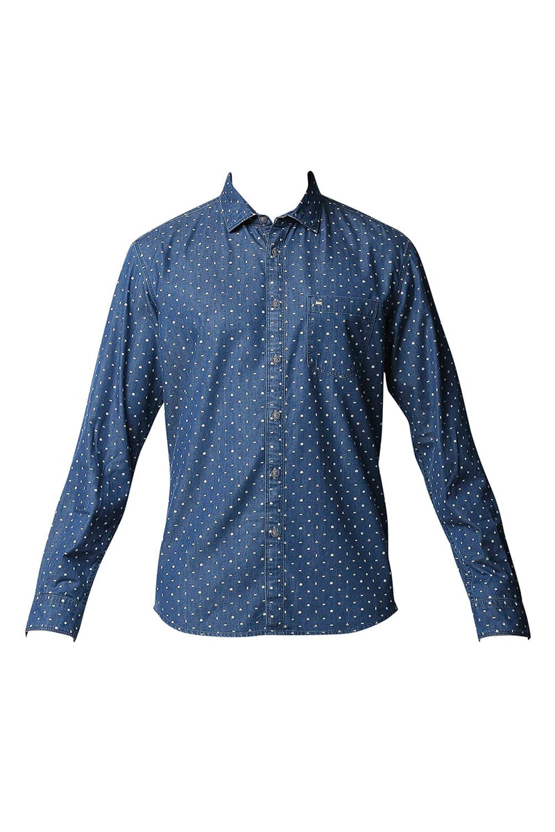 BASICS SLIM FIT INDIGO PRINTED SHIRT