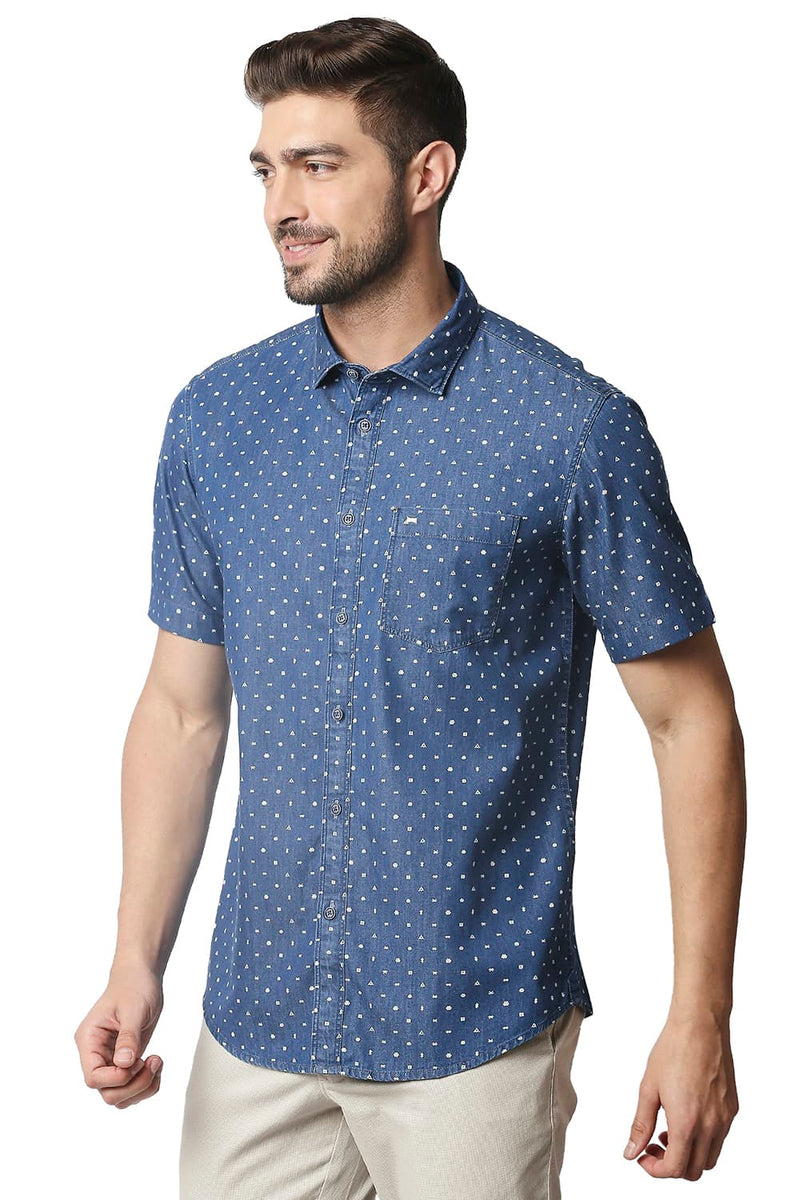 BASICS SLIM FIT INDIGO PRINTED HALFSLEEVES SHIRT