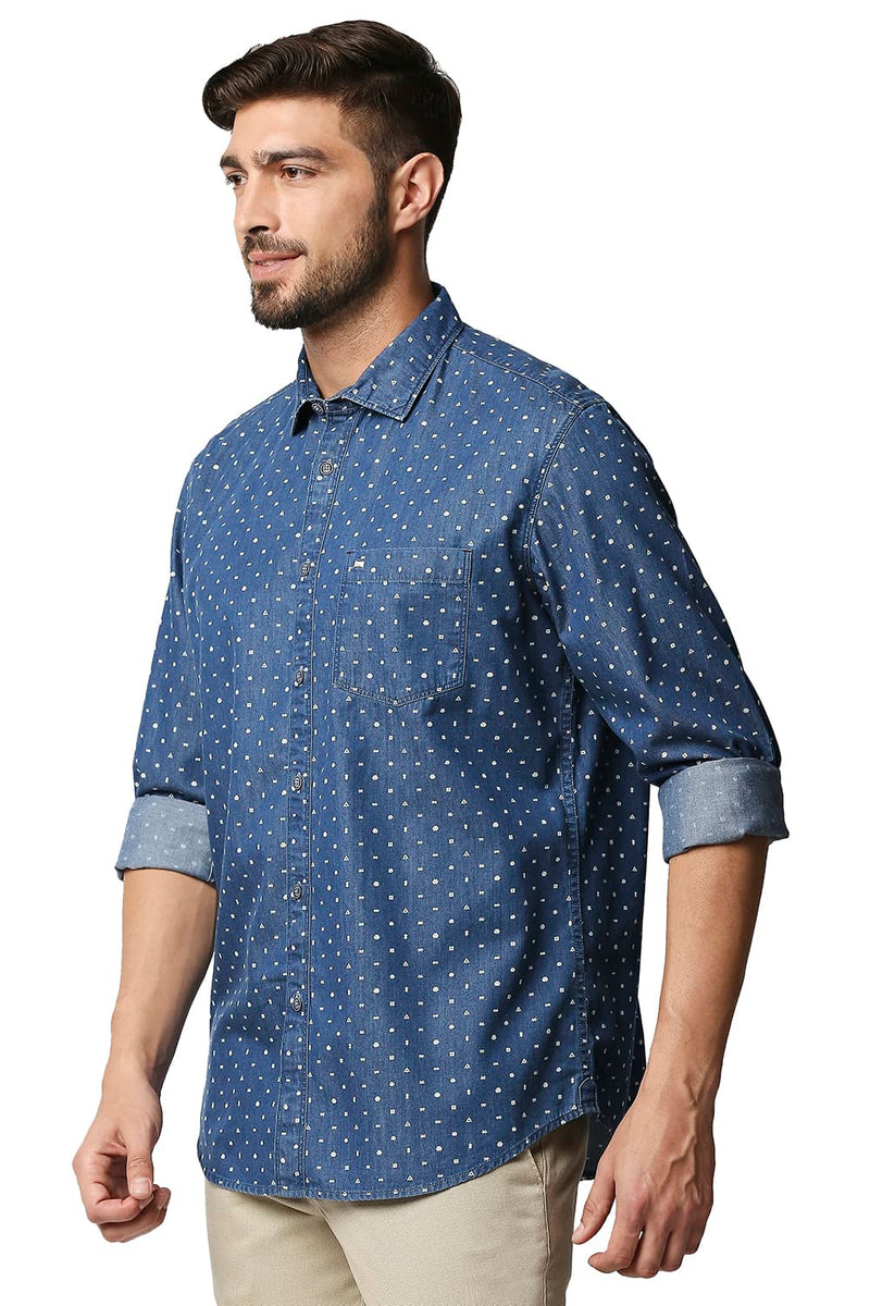 BASICS SLIM FIT INDIGO PRINTED SHIRT