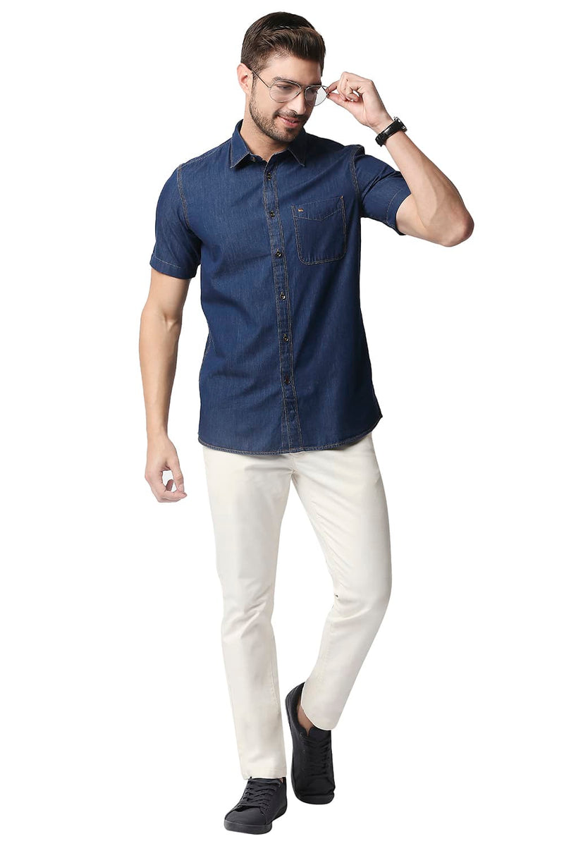 BASICS SLIM FIT INDIGO HALFSLEEVES SHIRT