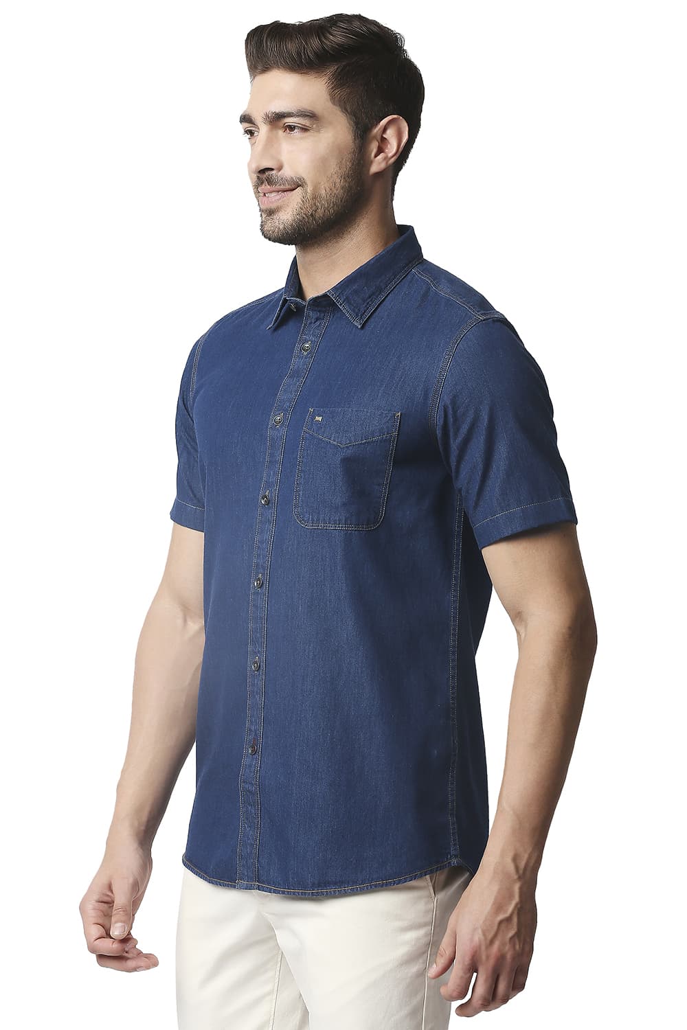 BASICS SLIM FIT INDIGO HALFSLEEVES SHIRT