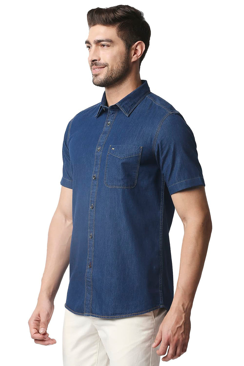 BASICS SLIM FIT INDIGO HALFSLEEVES SHIRT