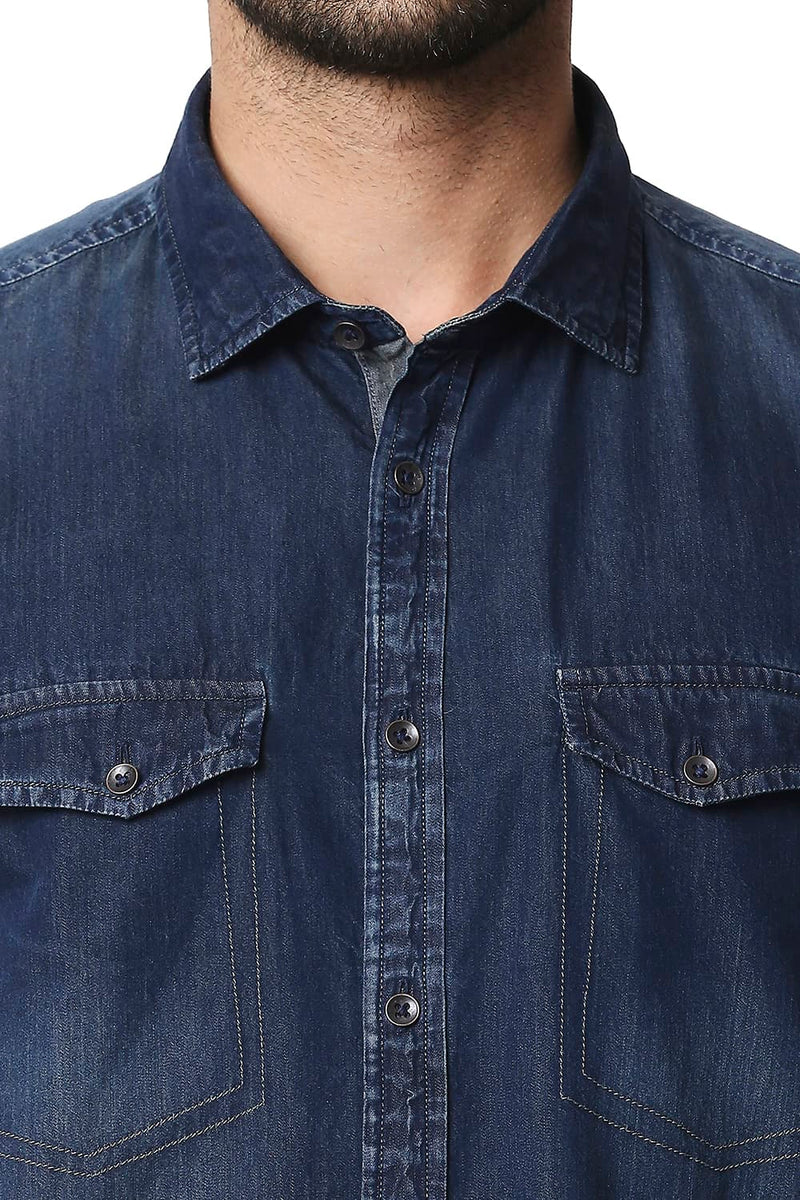 BASICS SLIM FIT INDIGO HALFSLEEVES SHIRT