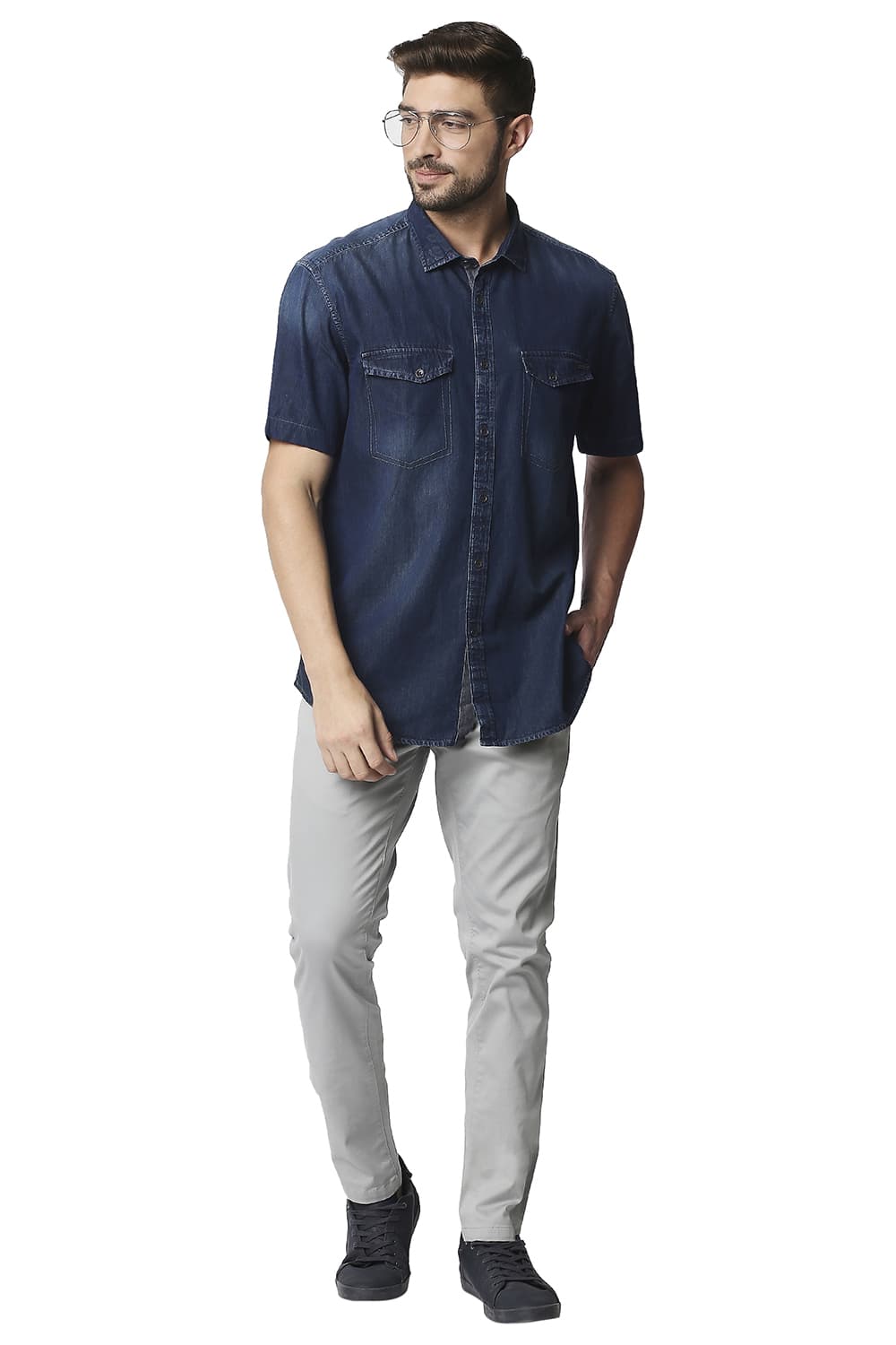 BASICS SLIM FIT INDIGO HALFSLEEVES SHIRT