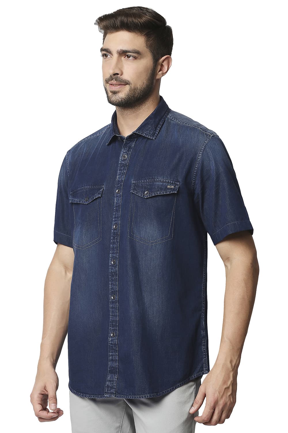 BASICS SLIM FIT INDIGO HALFSLEEVES SHIRT