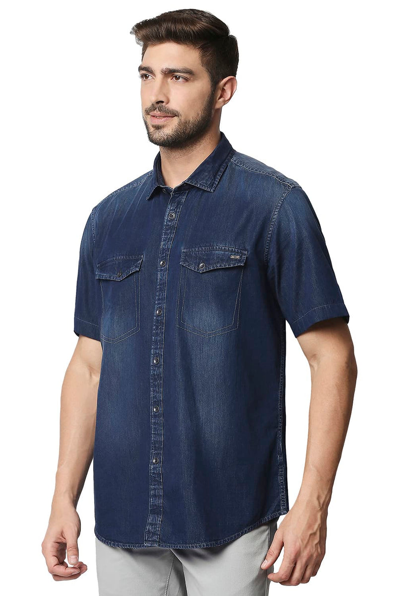 BASICS SLIM FIT INDIGO HALFSLEEVES SHIRT