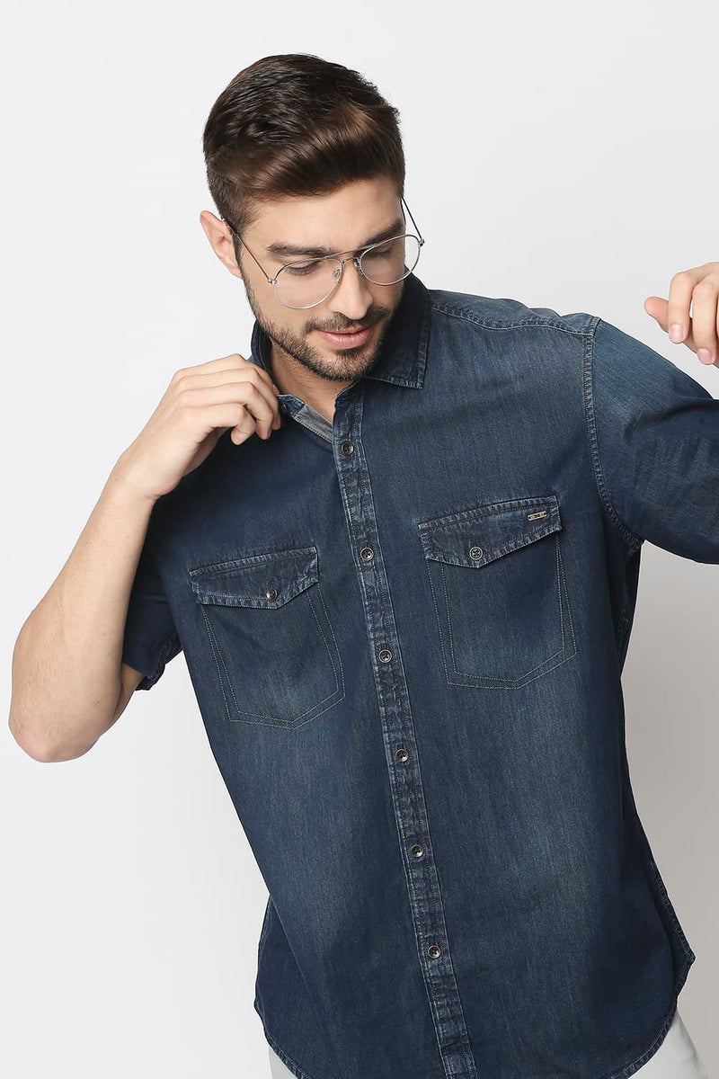 Slim Fit Indigo Halfsleeves Shirt