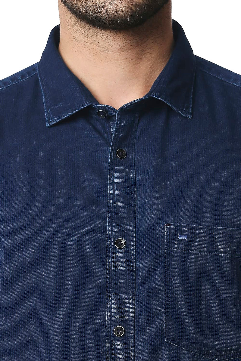 BASICS SLIM FIT INDIGO DOBBY HALFSLEEVES SHIRT