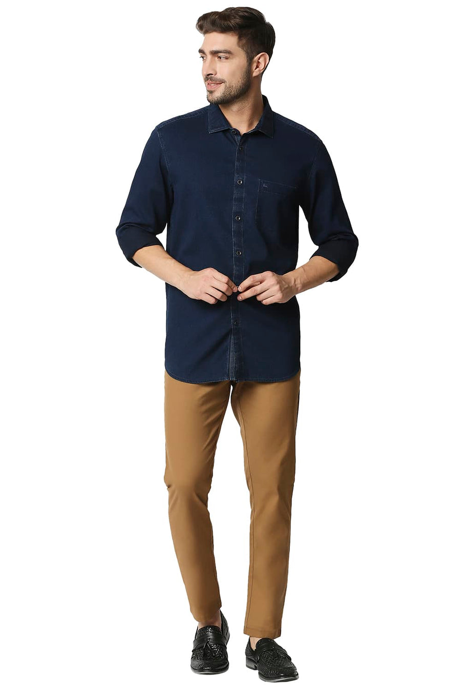 BASICS SLIM FIT PEACOAT BLUE INDIGO DOBBY SHIRT