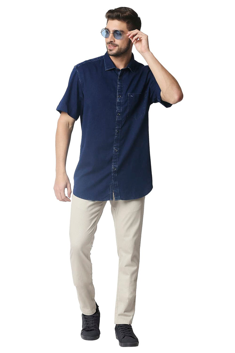 BASICS SLIM FIT INDIGO DOBBY HALFSLEEVES SHIRT