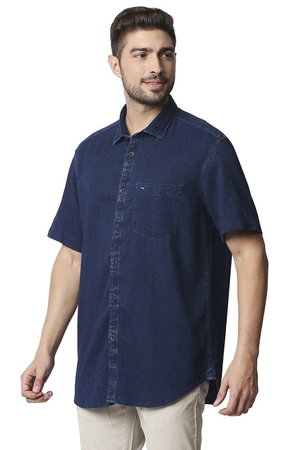 BASICS SLIM FIT INDIGO DOBBY HALFSLEEVES SHIRT