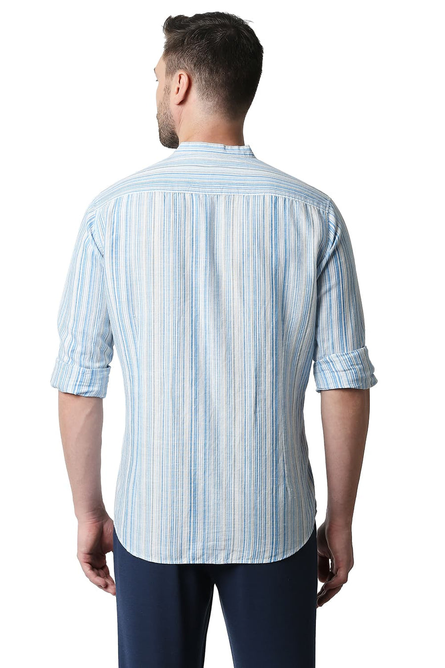 BASICS SLIM FIT SWEDISH BLUE COTTON LINEN STRIPE SHIRT