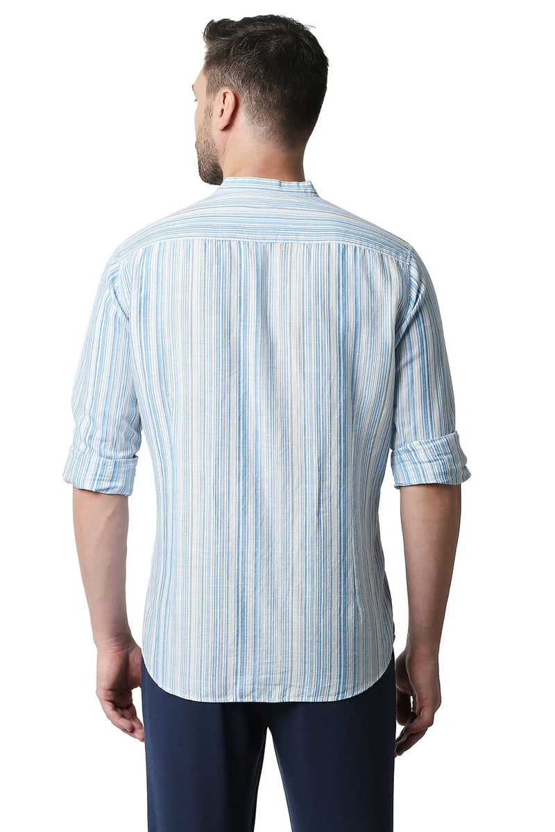 BASICS SLIM FIT COTTON LINEN STRIPE SHIRT