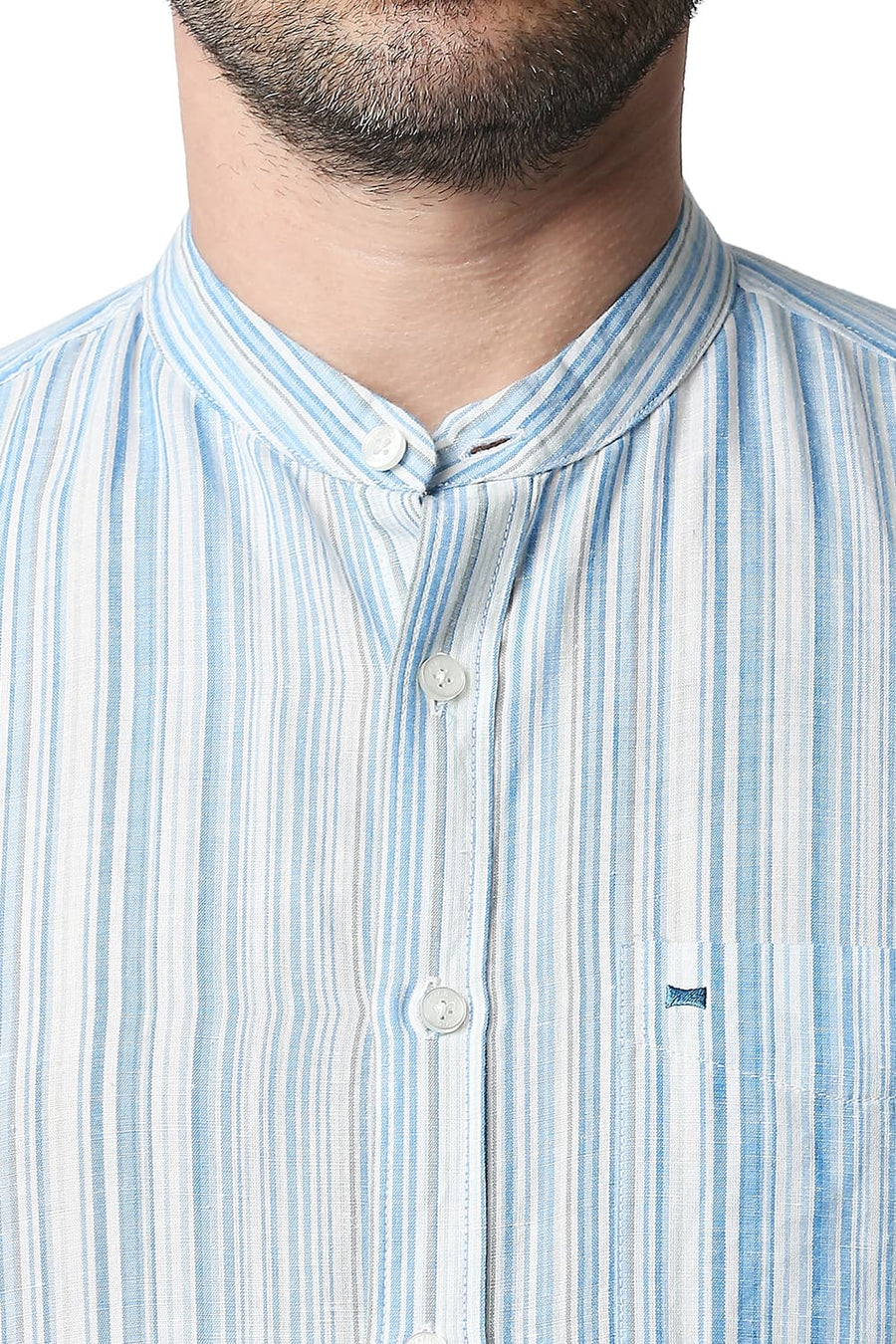 BASICS SLIM FIT SWEDISH BLUE COTTON LINEN STRIPE SHIRT
