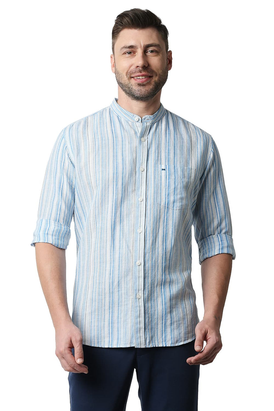 BASICS SLIM FIT SWEDISH BLUE COTTON LINEN STRIPE SHIRT