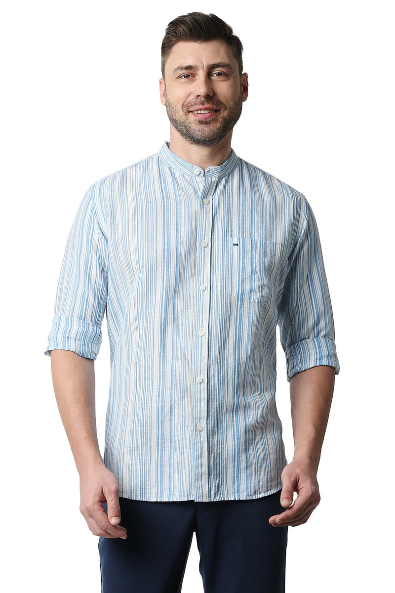 BASICS SLIM FIT COTTON LINEN STRIPE SHIRT