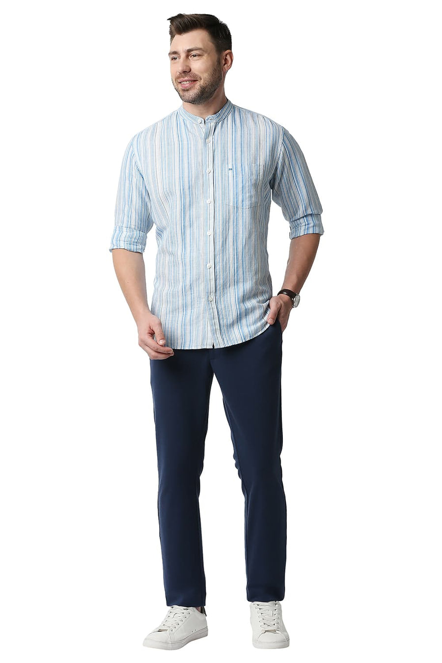 BASICS SLIM FIT SWEDISH BLUE COTTON LINEN STRIPE SHIRT