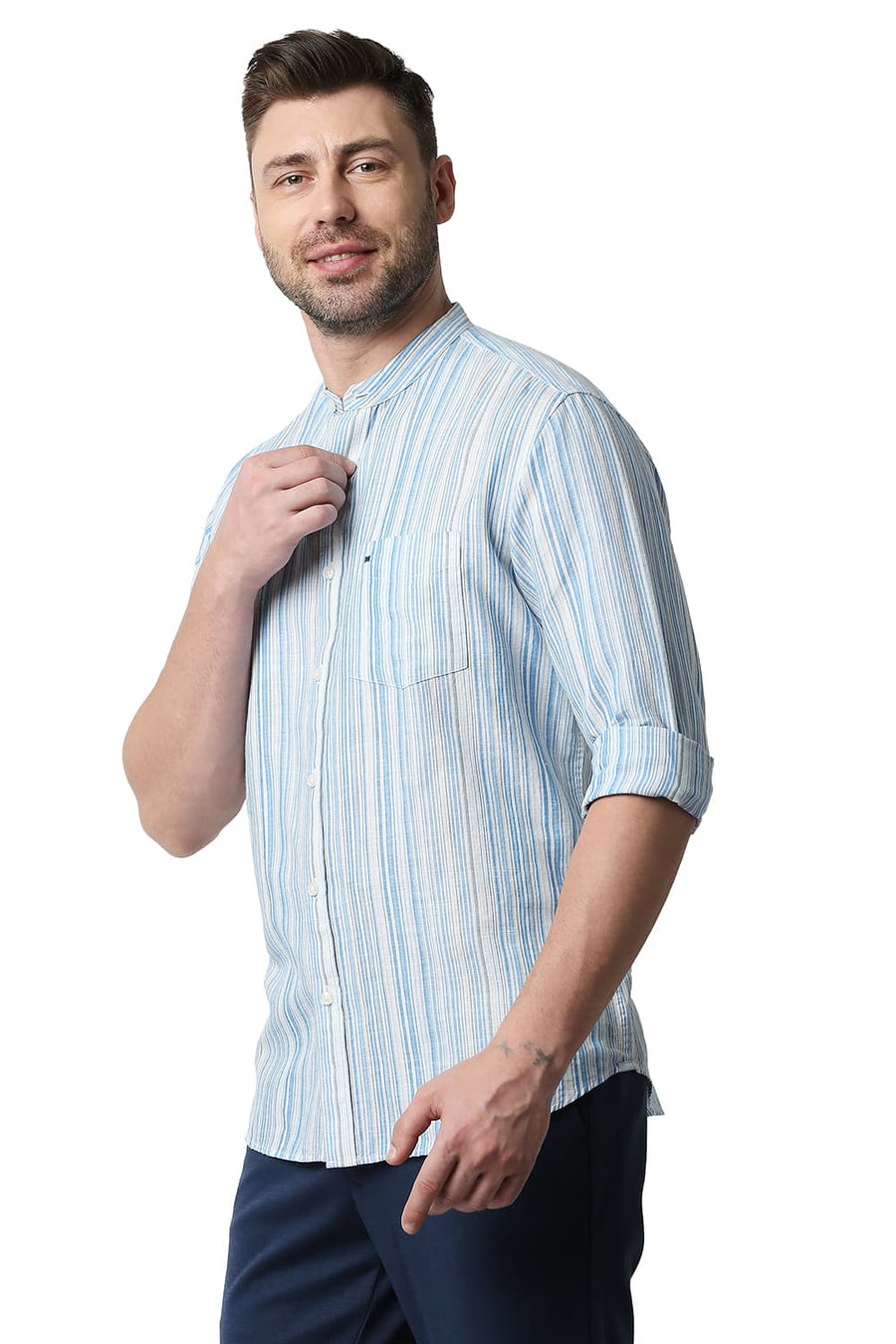 BASICS SLIM FIT SWEDISH BLUE COTTON LINEN STRIPE SHIRT