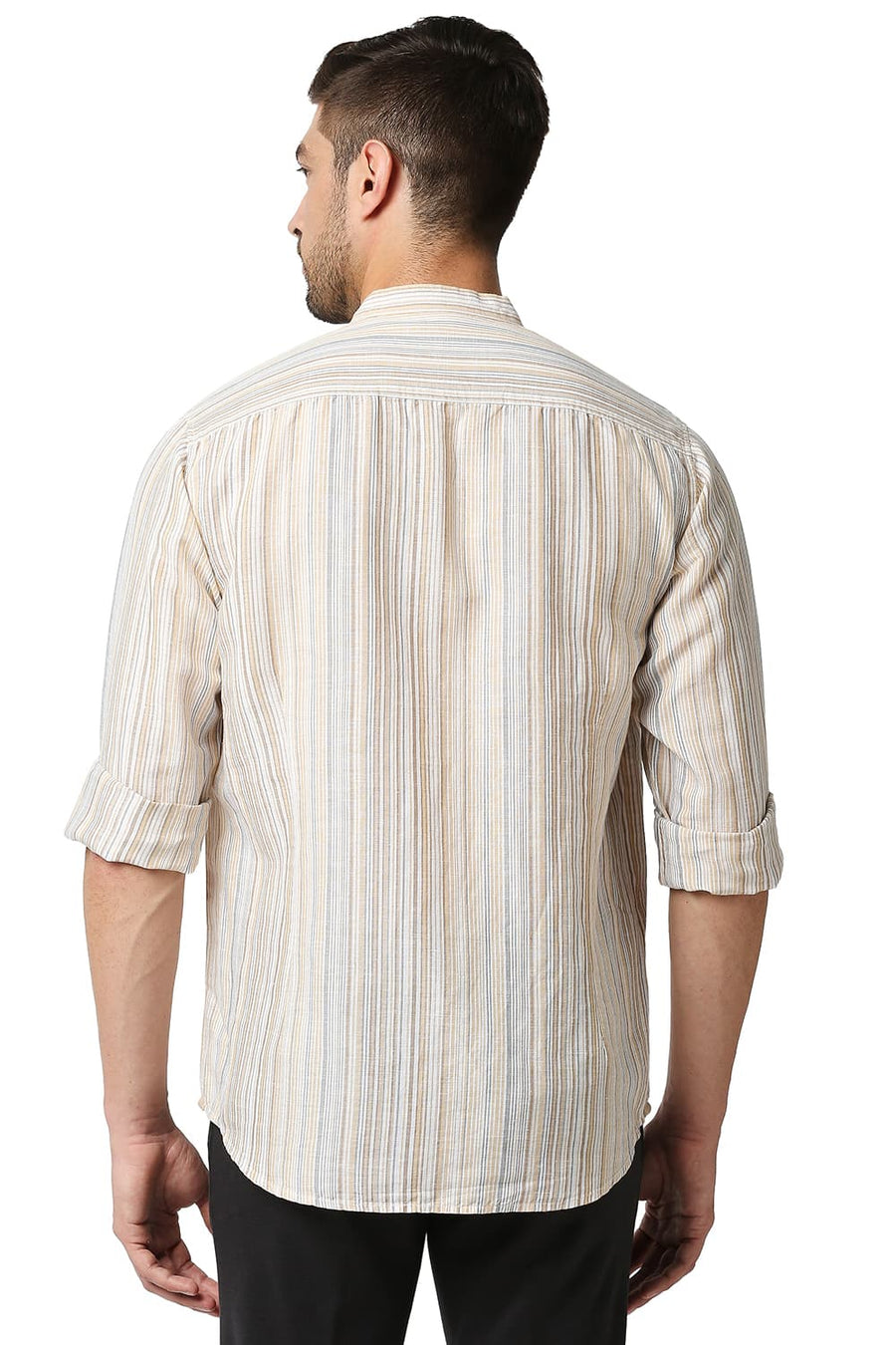 BASICS SLIM FIT WINTER BEIGE COTTON LINEN STRIPE SHIRT