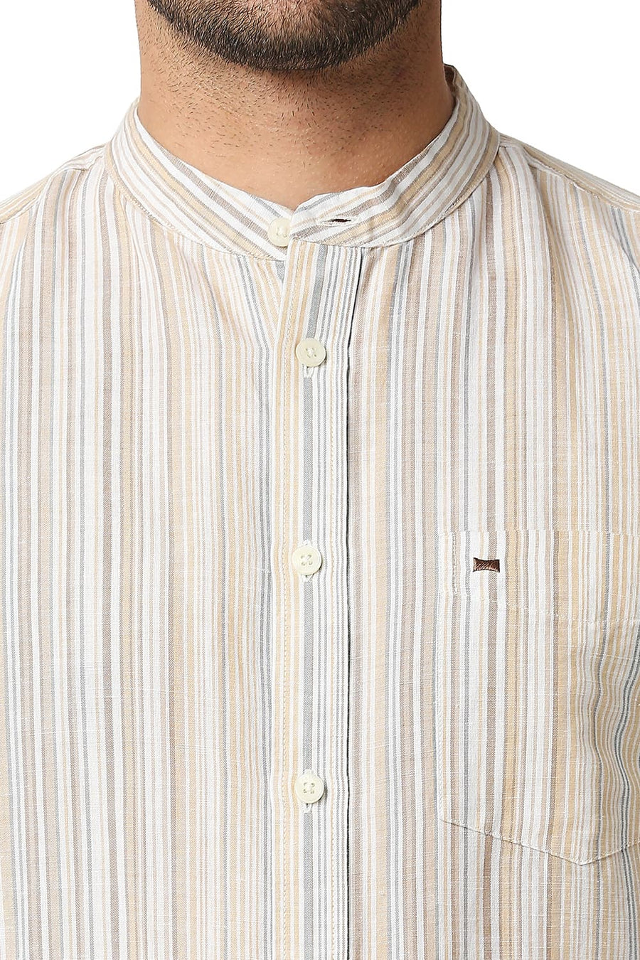 BASICS SLIM FIT WINTER BEIGE COTTON LINEN STRIPE SHIRT