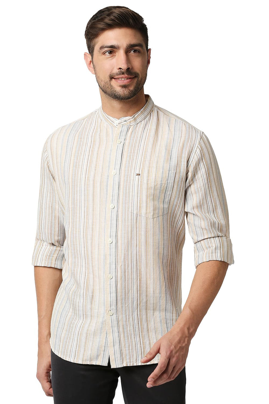 BASICS SLIM FIT WINTER BEIGE COTTON LINEN STRIPE SHIRT
