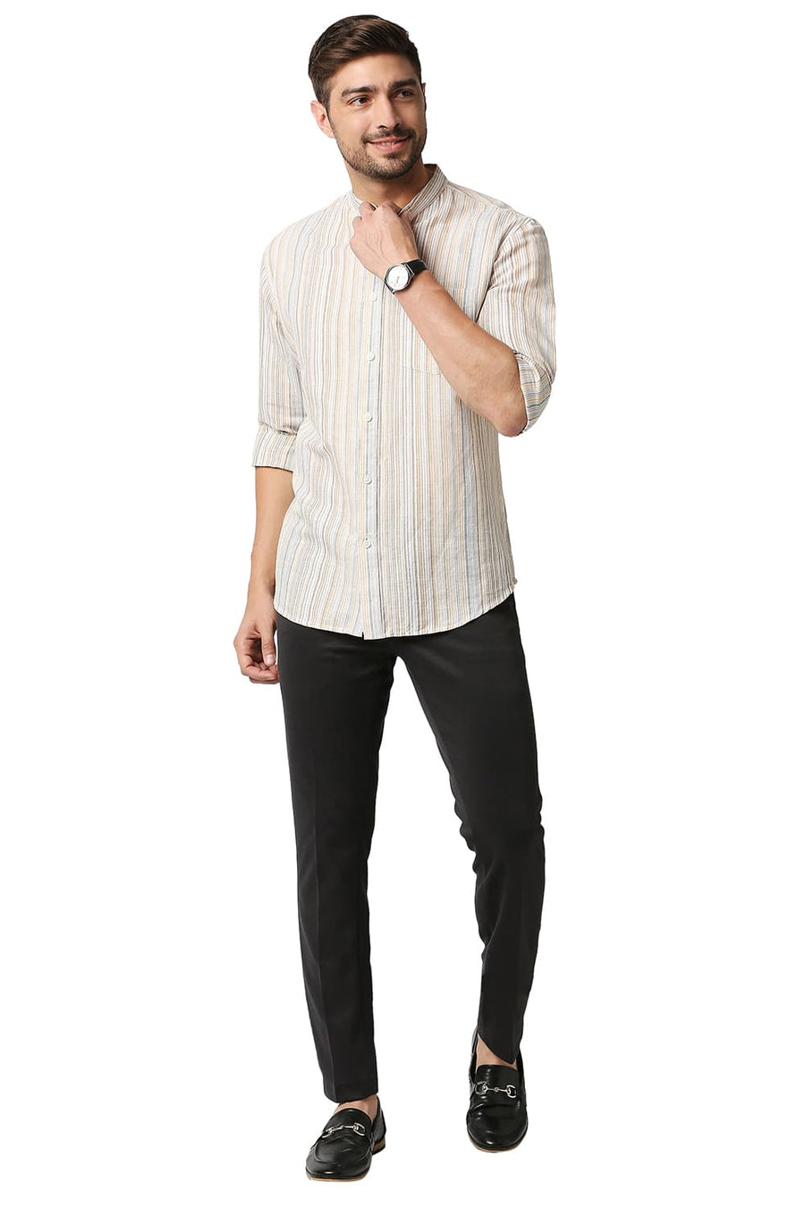 BASICS SLIM FIT WINTER BEIGE COTTON LINEN STRIPE SHIRT