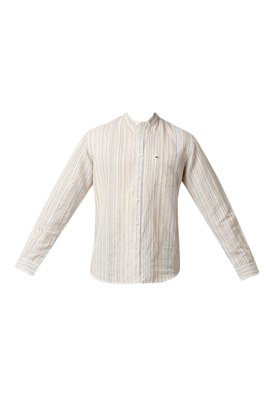 BASICS SLIM FIT WINTER BEIGE COTTON LINEN STRIPE SHIRT