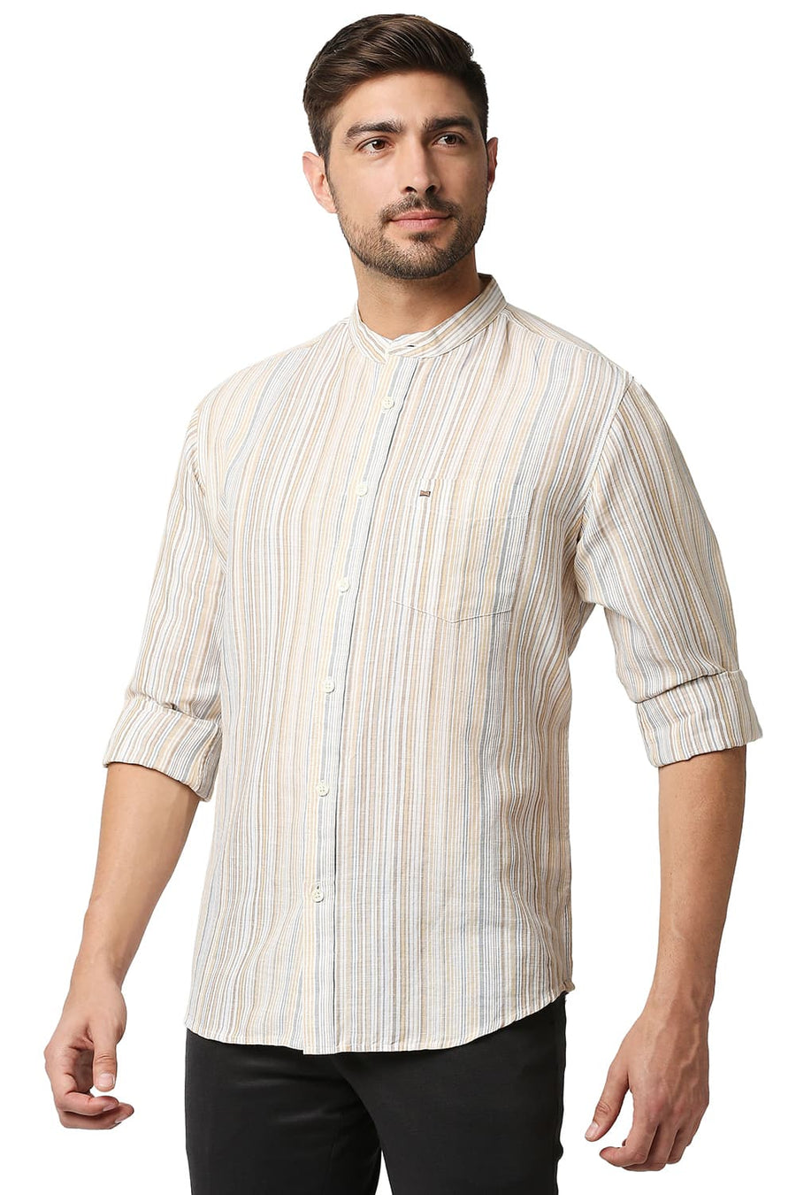 BASICS SLIM FIT WINTER BEIGE COTTON LINEN STRIPE SHIRT