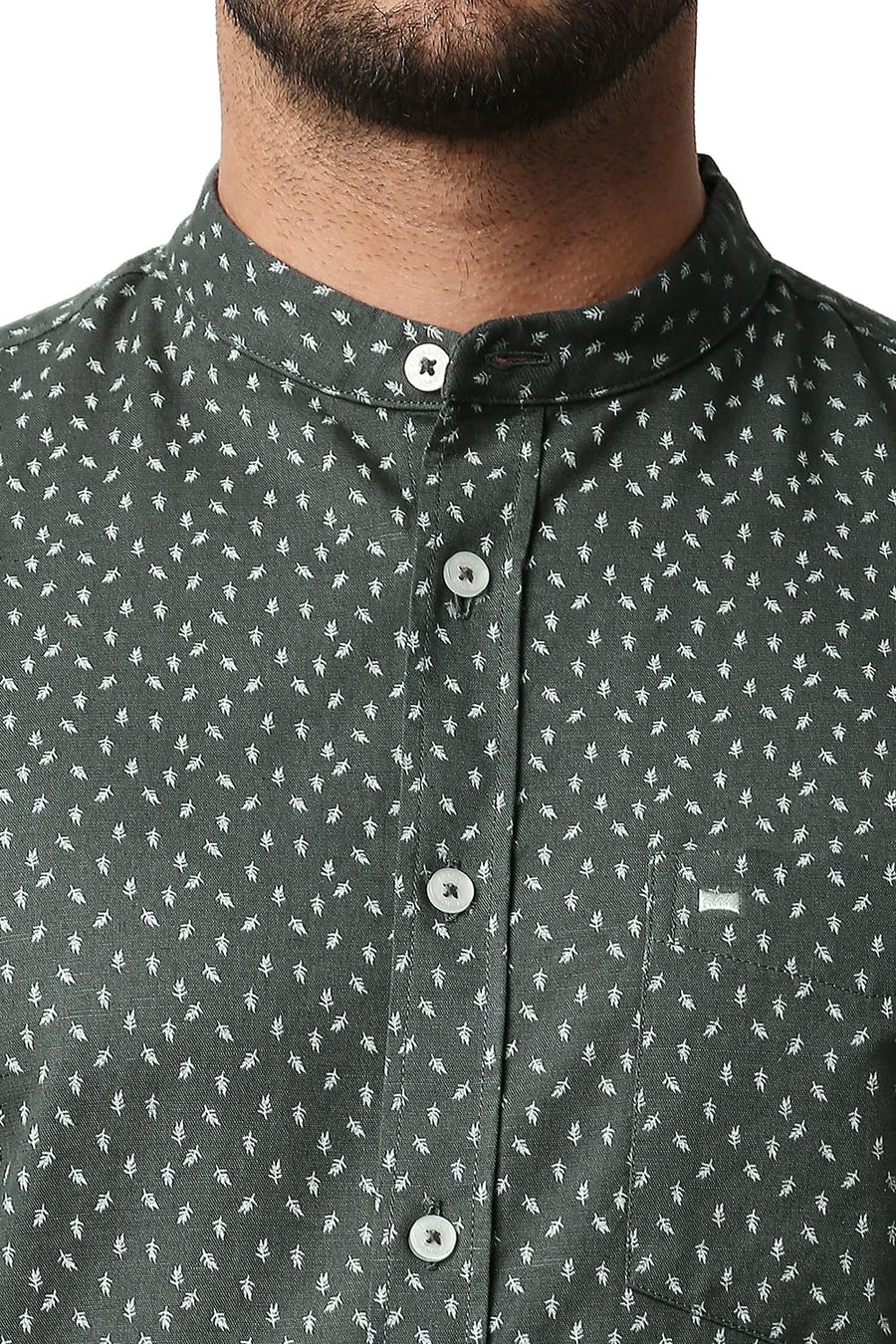 BASICS SLIM FIT JUNGLE GREY COTTON HEMP PRINTED SHIRT