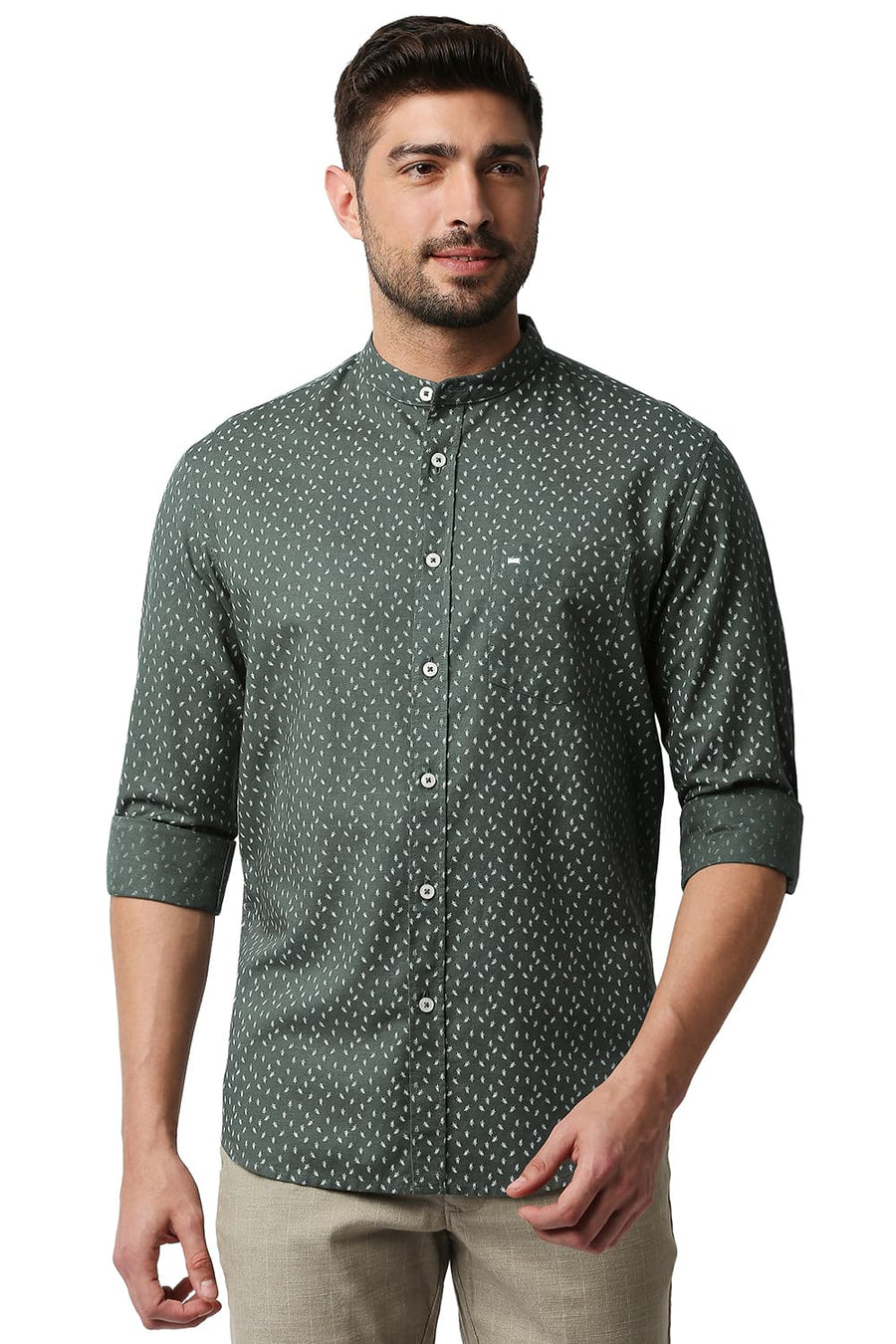 BASICS SLIM FIT JUNGLE GREY COTTON HEMP PRINTED SHIRT