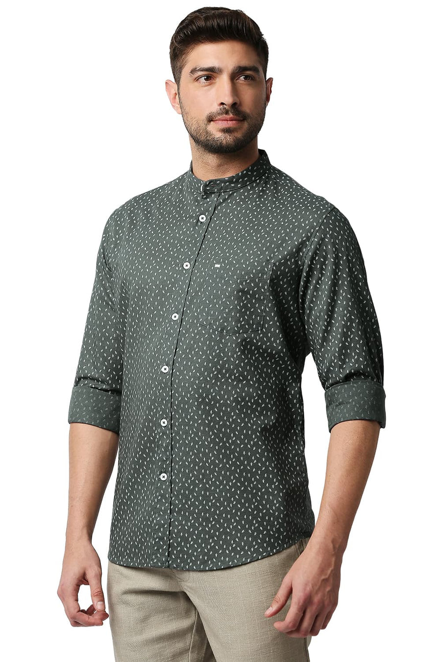 BASICS SLIM FIT JUNGLE GREY COTTON HEMP PRINTED SHIRT