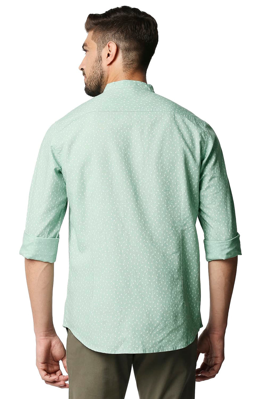 BASICS SLIM FIT LICHEN GREEN COTTON HEMP PRINTED SHIRT